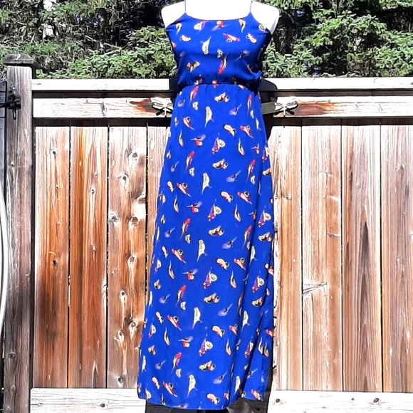 👗3/25& 👗Blue Maxi Dress with Colorful Birds - Picture 2 of 7